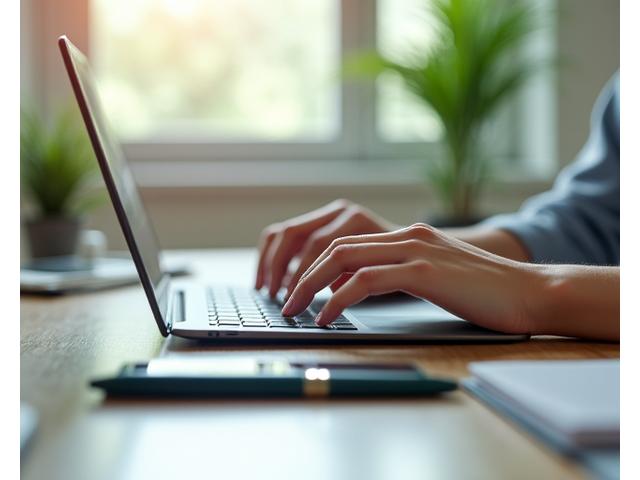 Professionelle Hände tippen auf einer Tastatur, daneben liegt ein Smartphone und ein Stift.