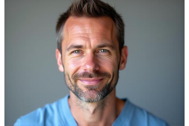 Markus Schmidt, Fußpfleger, blickt aufmerksam.